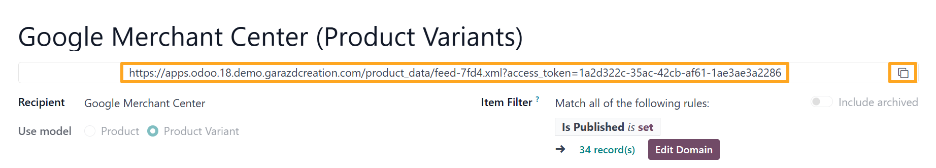 Odoo 18.0 Google Merchant Center GMC Product Data Feed URL